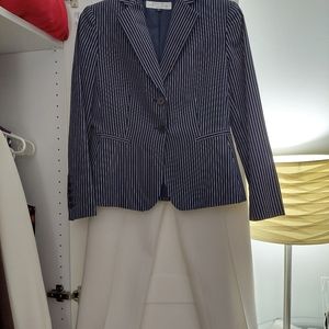 TAHARI - 2 Piece Business Suit (Navy Blue/White Pin Stripe & White Dress Pants)
